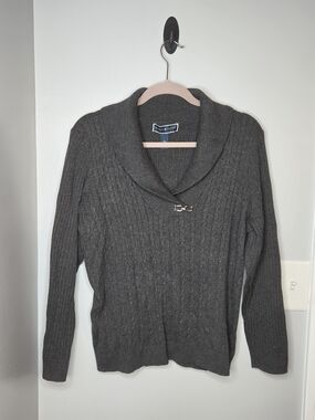 Karen Scott Charcoal Ribbed Shawl-Collar Sweater with Clasp
